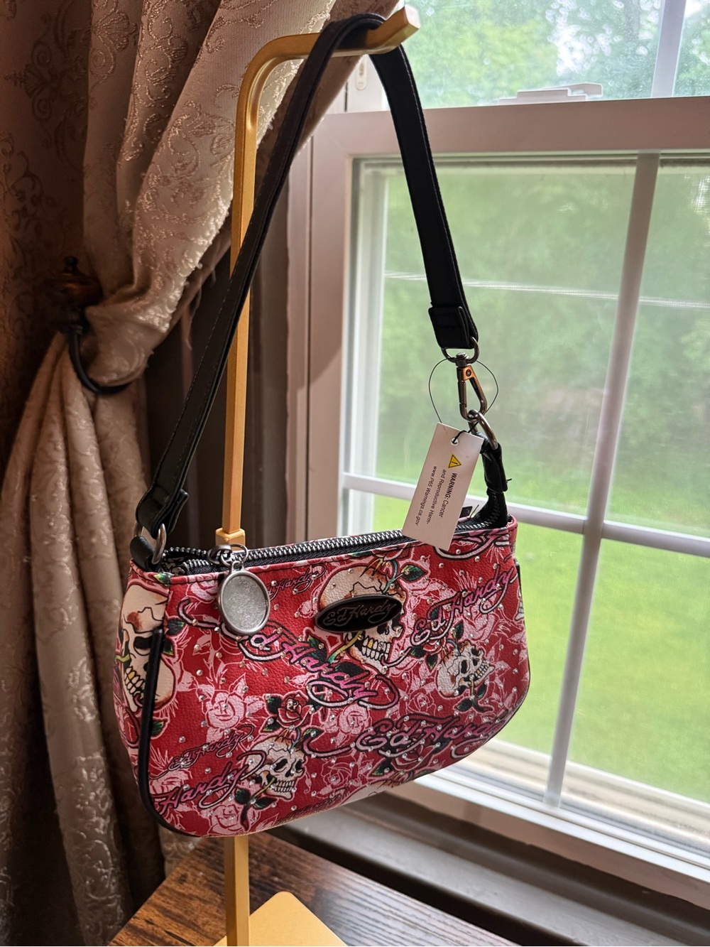 NWT Ed Hardy Red Skull & Floral Mini Shoulder Bag with Black Strap